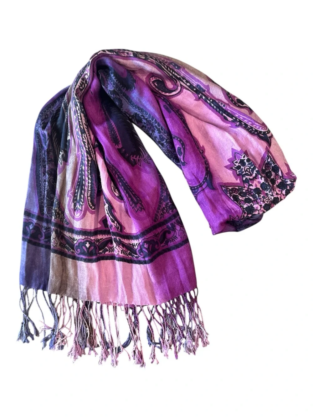 Boho Paisley Fringe Rayon Scarf Purple Pink Blue OS Made in India